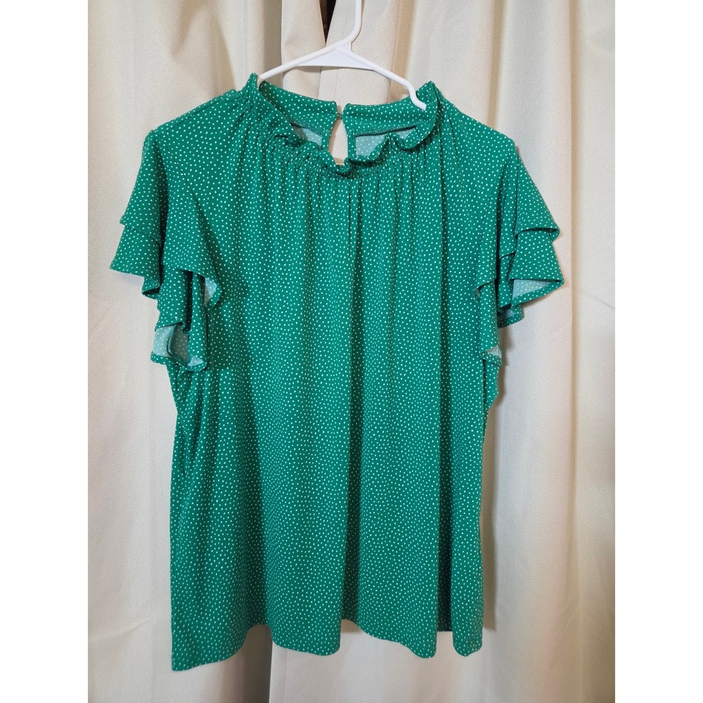 Adrianna Papell Green Polka Dot Ruffle Neck Flutter Sleeve Blouse Large